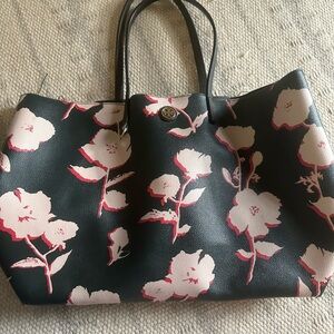 Tory Burch black w red/cream abstract floral design.